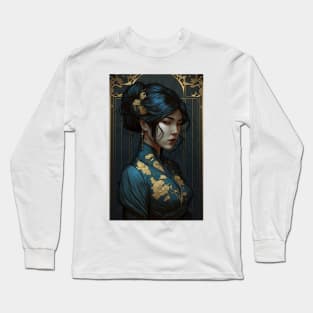 A Chinese Beauty in Blue and Gold Long Sleeve T-Shirt